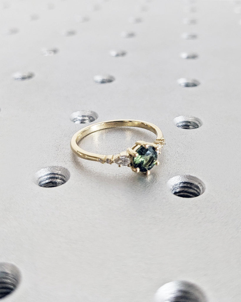 Art Deco Montana Teal Sapphire Ring, Round Cut Green Sapphire, 14K Solid Gold Engagement Ring, Diamond Cluster Wedding Ring image #7