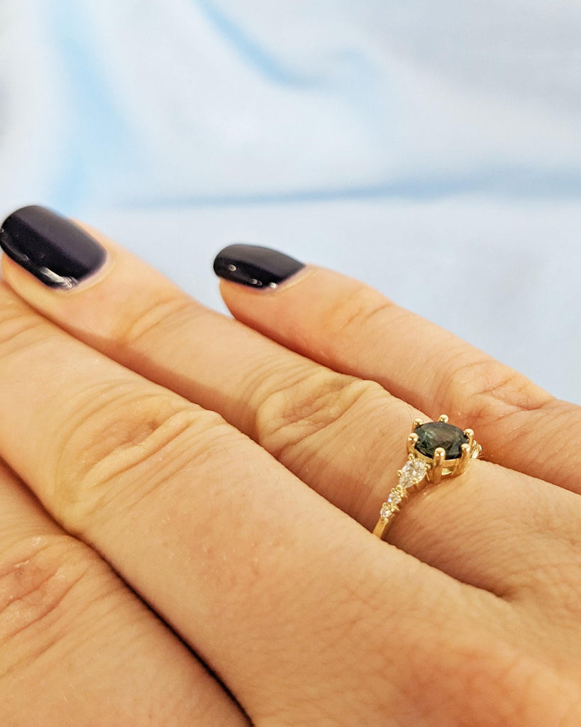 Art Deco Montana Teal Sapphire Ring, Round Cut Green Sapphire, 14K Solid Gold Engagement Ring, Diamond Cluster Wedding Ring image #10