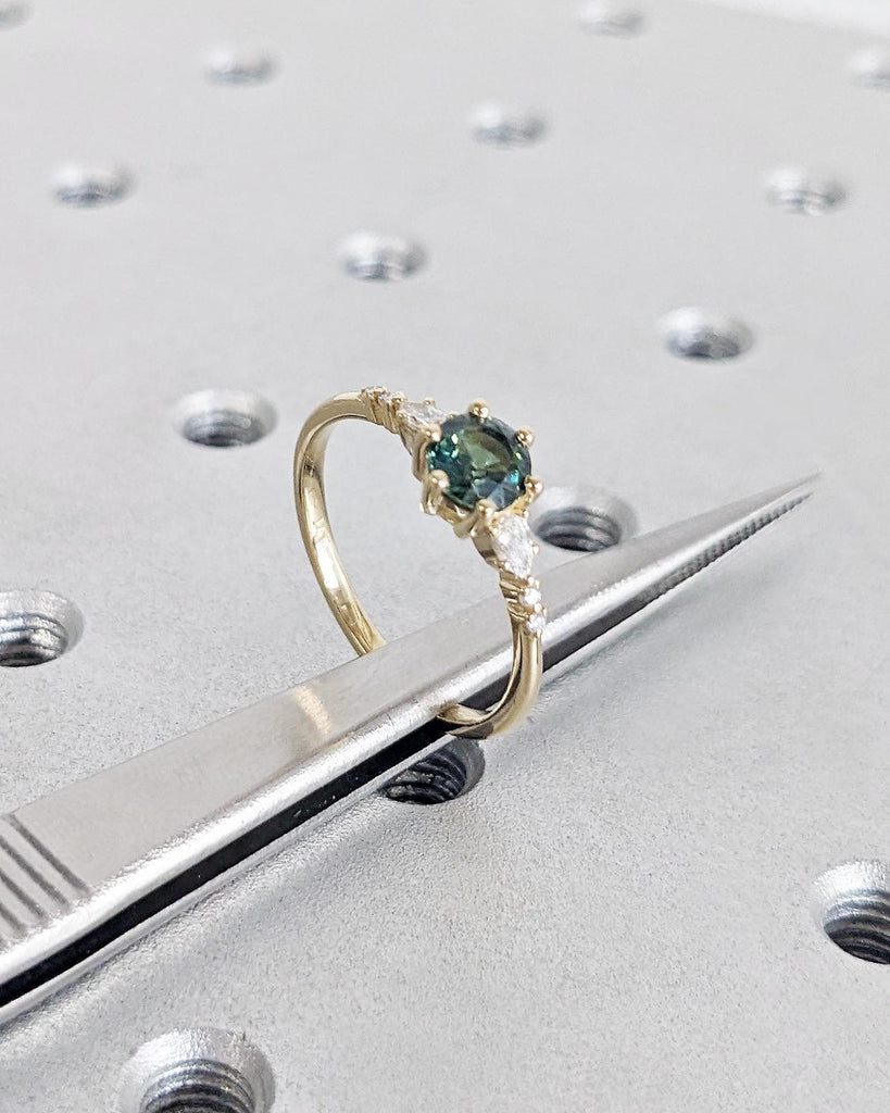 Art Deco Montana Teal Sapphire Ring, Round Cut Green Sapphire, 14K Solid Gold Engagement Ring, Diamond Cluster Wedding Ring image #3