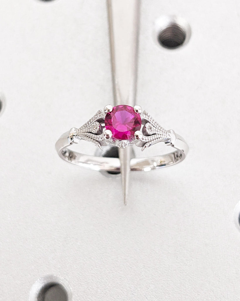 Art Deco Ruby & Diamond Ring - Lab Ruby Engagement Ring - Round Red Ruby Ring - July Birthstone Ring - 14k White Gold
