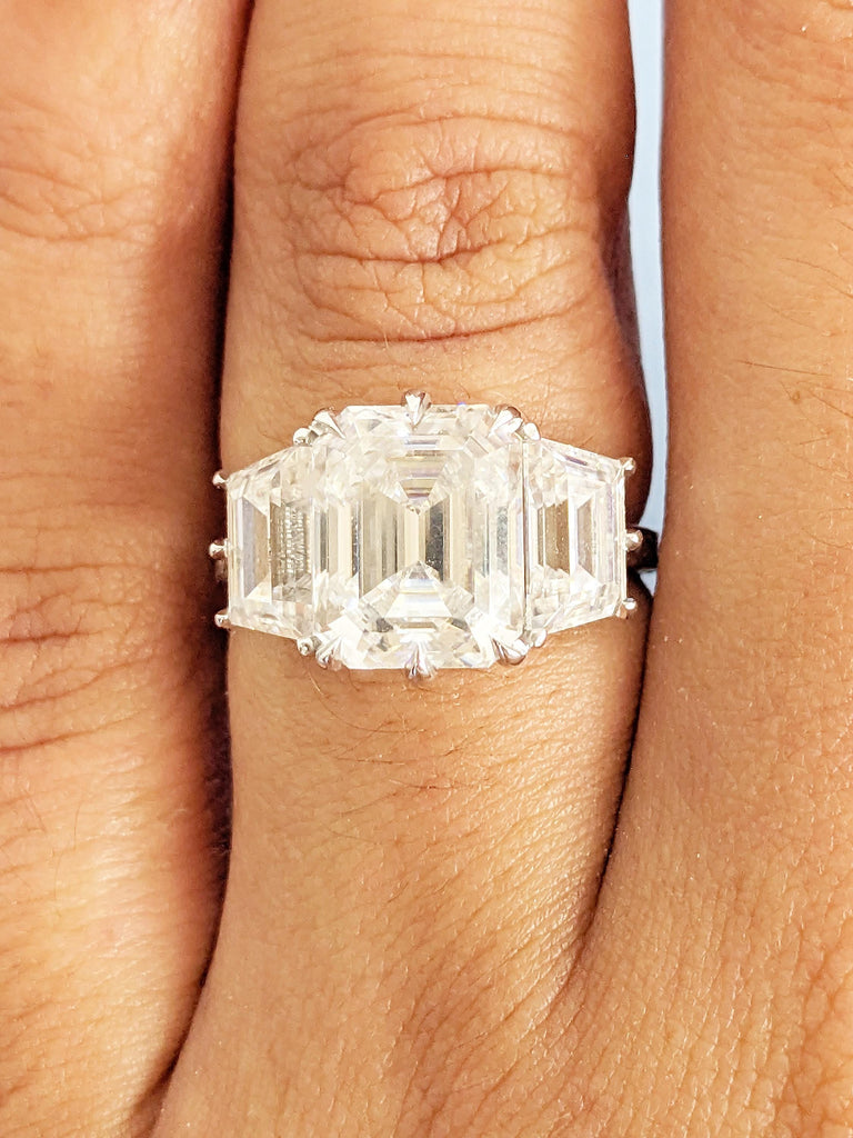 3 Carat Lab Grown Diamond Ring, 14k White Gold Engagement Rings, Emerald Cut, Trapezoid Three Stone Ring, Personalized Statement Ring image #2
