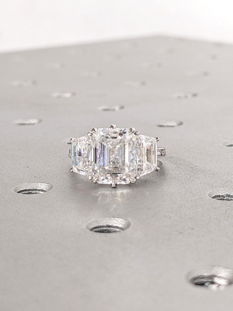 3 Carat Lab Grown Diamond Ring, 14k White Gold Engagement Rings, Emerald Cut, Trapezoid Three Stone Ring, Personalized Statement Ring image #4