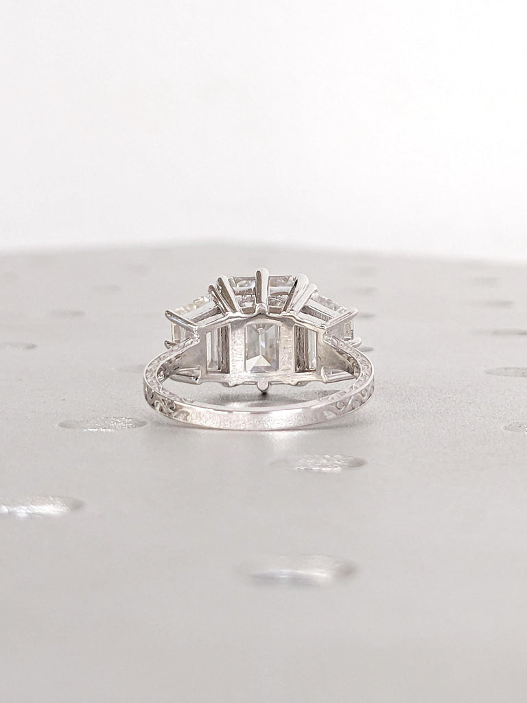 3 Carat Lab Grown Diamond Ring, 14k White Gold Engagement Rings, Emerald Cut, Trapezoid Three Stone Ring, Personalized Statement Ring image #13