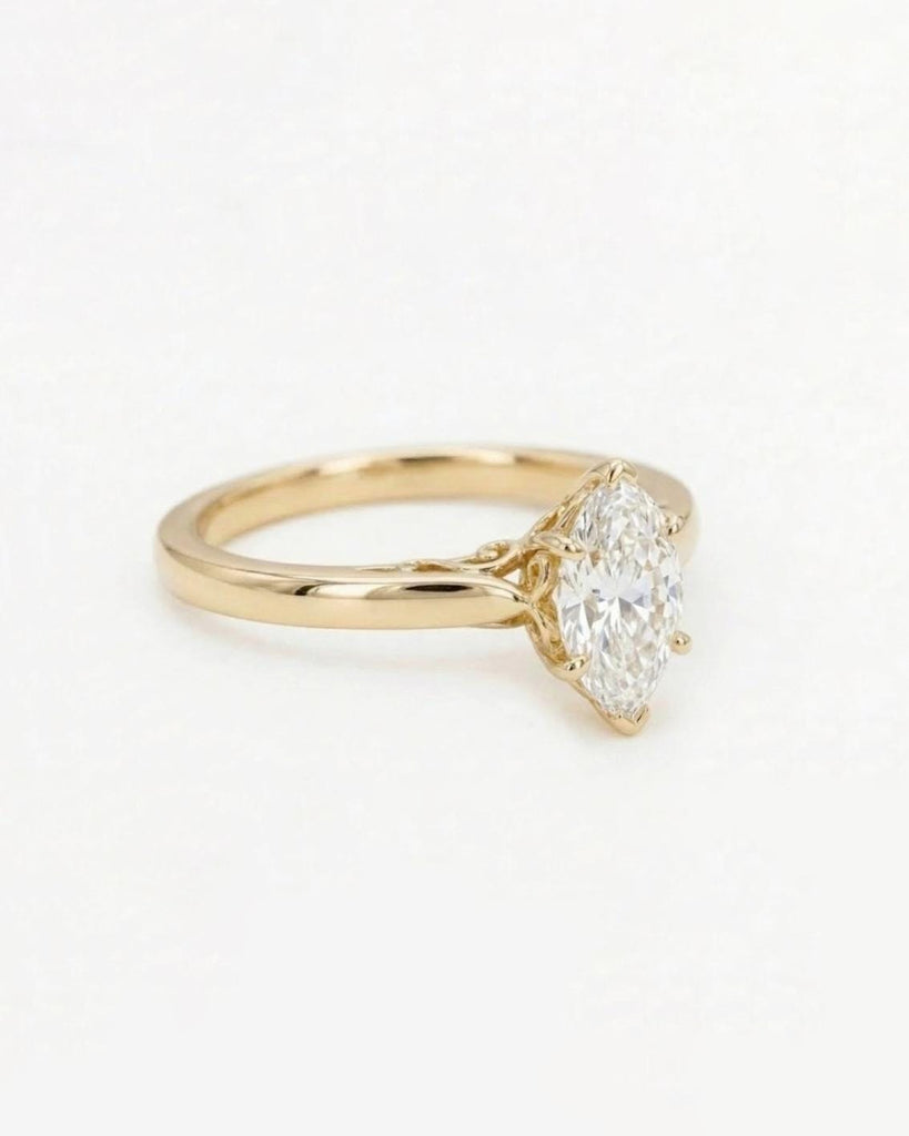 1-2ct Marquise cut Certified Lab Created Diamond Engagement Ring | 14k/18k Yellow Gold Solitaire Ring | Handmade Filigree Vintage Ring