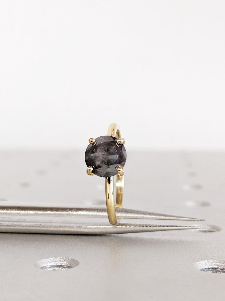 Round Salt and Pepper Diamond Engagement Ring, 14K Yellow Gold Solitaire Ring, Unique Diamond Wedding Ring, Minimalist Ring, Promise Ring