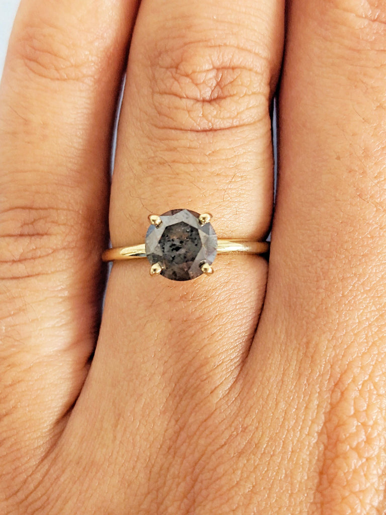 Round Salt and Pepper Diamond Engagement Ring, 14K Yellow Gold Solitaire Ring, Unique Diamond Wedding Ring, Minimalist Ring, Promise Ring
