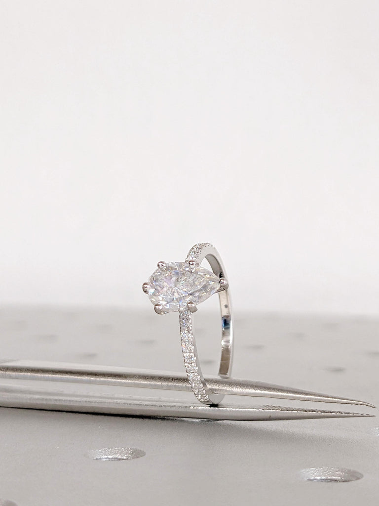Moissanite Engagement Ring: Pear Cut, 14K White Gold, Pave Halo Diamond
