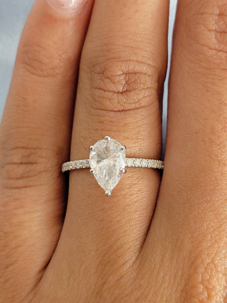 Pear Cut Moissanite Engagement Ring, 14K White Gold Prong Set Promise Ring, Pave Halo Diamond, Dainty Wedding Ring For Her, Unique Jewelry