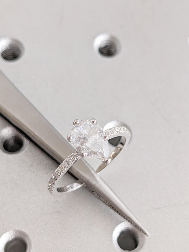 Lab Grown Diamond Engagement Ring, Pear Cut Ring, 14K White Gold Pave Diamond Halo Band, Custom Wedding Ring, Unique Bridal Ring For Her