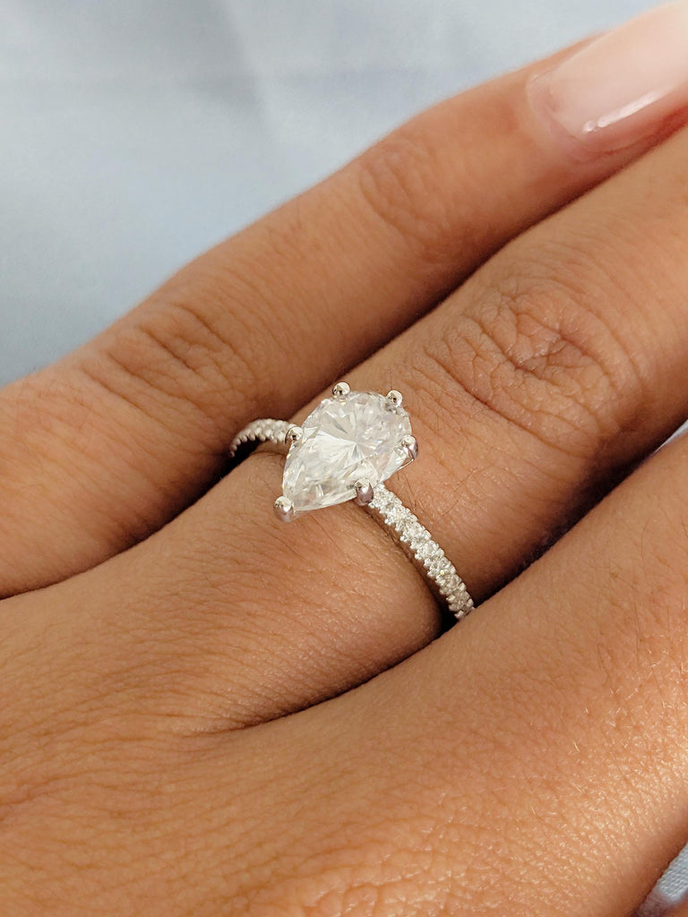 Lab Grown Diamond Engagement Ring, Pear Cut Ring, 14K White Gold Pave Diamond Halo Band, Custom Wedding Ring, Unique Bridal Ring For Her