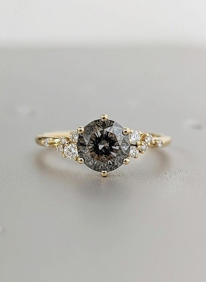 Art Deco Engagement Three Stone Salt and Pepper Diamond Ring, 18K Cluster Diamond Band, Diamond Anniversary Wedding Band, Alternative Ring