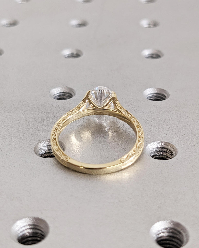 Vintage Oval Lab Diamond Engagement Ring, Custom Filigree Engraved Band, 14K Yellow Gold Talon Prong Wedding Ring image #2