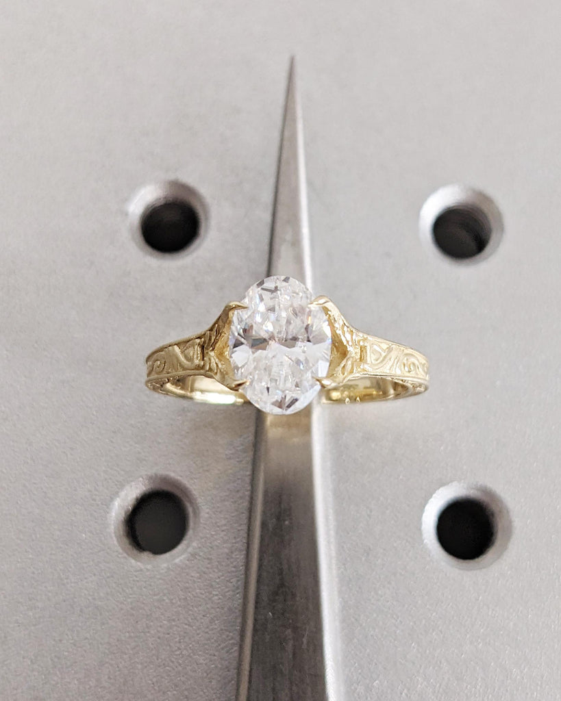 Vintage Oval Lab Diamond Engagement Ring, Custom Filigree Engraved Band, 14K Yellow Gold Talon Prong Wedding Ring image #7