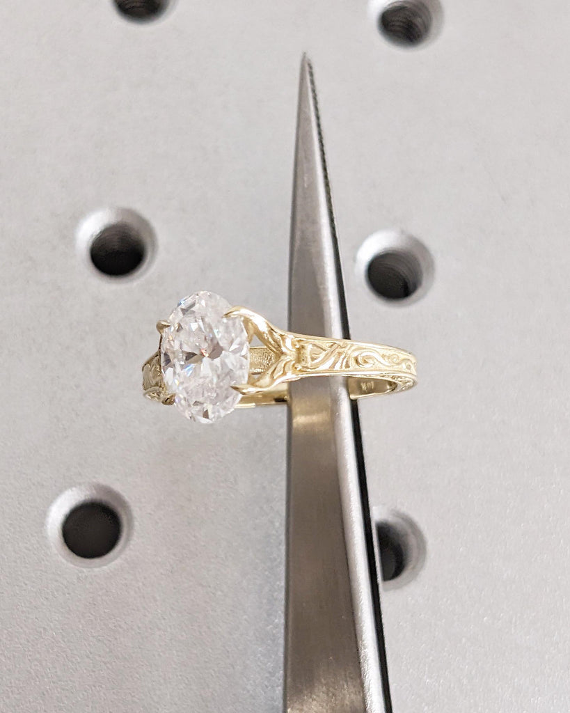 Vintage Oval Lab Diamond Engagement Ring, Custom Filigree Engraved Band, 14K Yellow Gold Talon Prong Wedding Ring image #3
