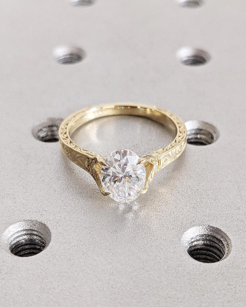 Vintage Oval Lab Diamond Engagement Ring, Custom Filigree Engraved Band, 14K Yellow Gold Talon Prong Wedding Ring