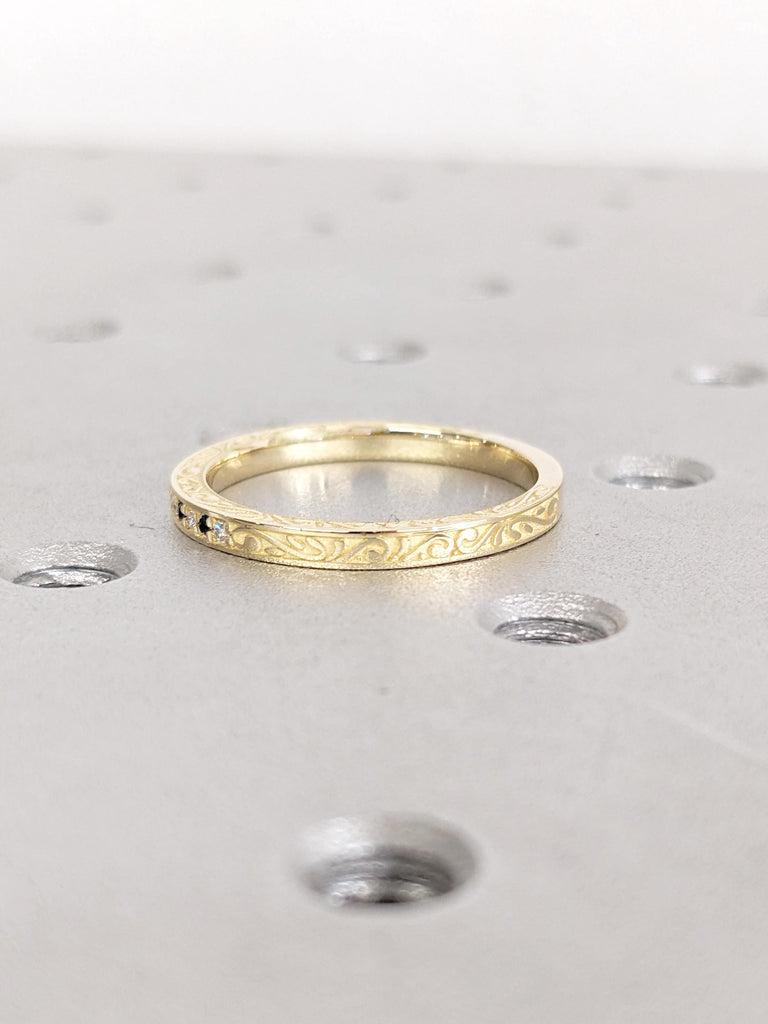 14K/18K Yellow Gold Filigree Matching Ring, Unique Sapphire Diamond Ring, Pave Diamond Wedding Band, Minimalist Ring, Woman's Stacking Rings