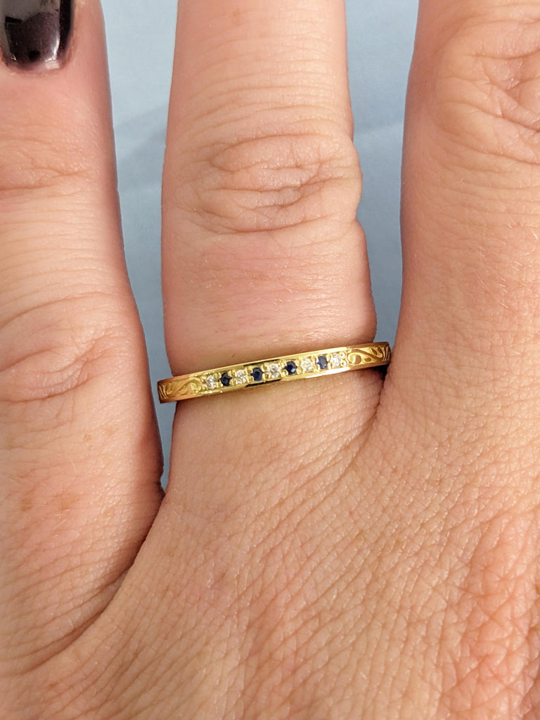 Matching Rings: Filigree 14K /18K Yellow Gold Pave Sapphire Diamond Wedding Band, Ring Stacks image #3