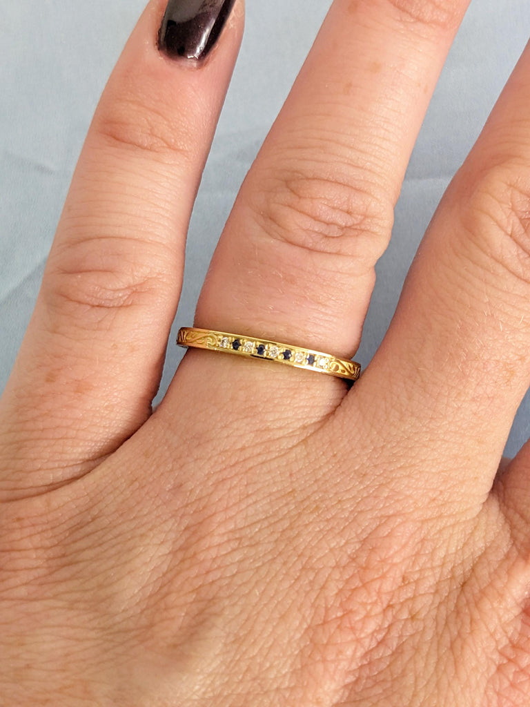 Matching Rings: Filigree 14K /18K Yellow Gold Pave Sapphire Diamond Wedding Band, Ring Stacks image #6