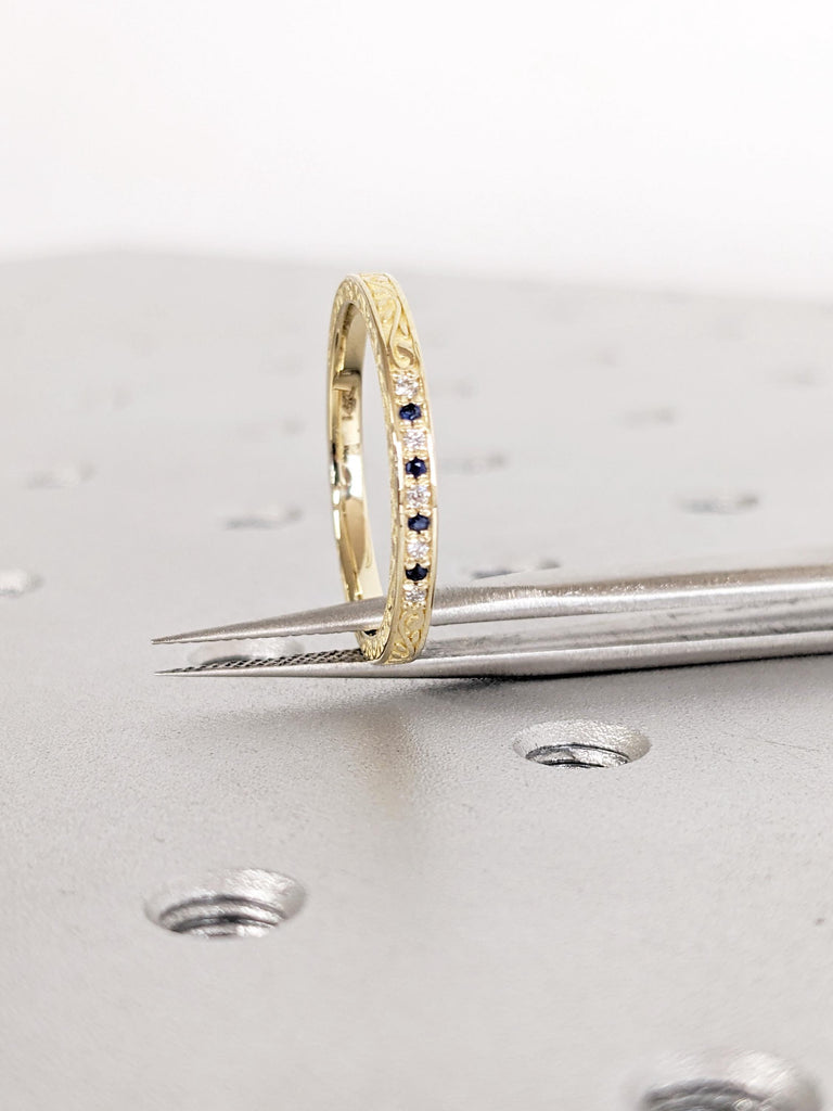 14K/18K Yellow Gold Filigree Matching Ring, Unique Sapphire Diamond Ring, Pave Diamond Wedding Band, Minimalist Ring, Woman's Stacking Rings