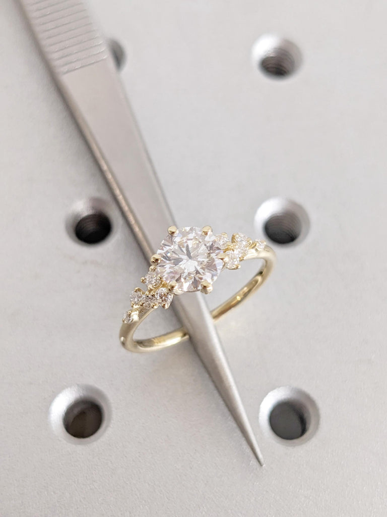 Moissanite Engagement Ring, Snowdrift Round Moissanite Diamond Cluster Ring, 14K Yellow Gold Rings For Woman, Wedding Rings, Statement Rings