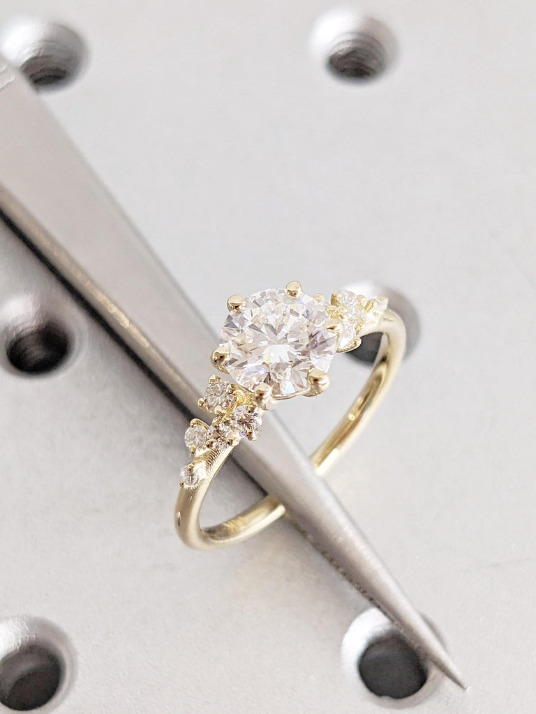 VVS Moissanite Engagement Ring: 14K Yellow Gold, Snowdrift Round Moissanite Diamond Cluster image #2
