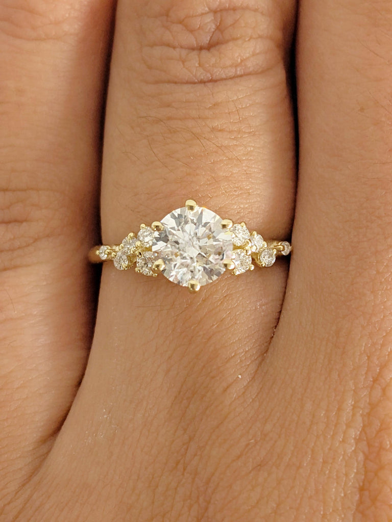 VVS Moissanite Engagement Ring: 14K Yellow Gold, Snowdrift Round Moissanite Diamond Cluster