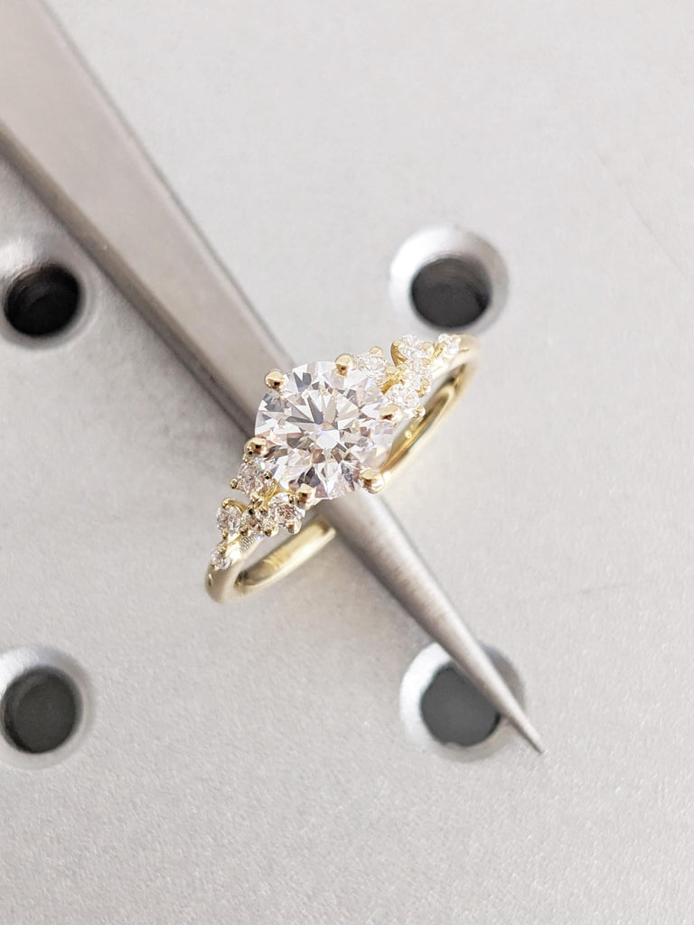0.5-2.25ct Round Lab Grown Diamond, 14K Yellow Gold Engagement Ring, Unique Snowdrift Diamond Cluster Wedding Ring, Bridal Wedding Jewelry