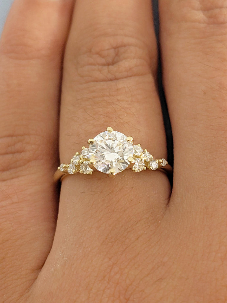 0.5-2.25ct Round Lab Grown Diamond, 14K Yellow Gold Engagement Ring, Unique Snowdrift Diamond Cluster Wedding Ring, Bridal Wedding Jewelry