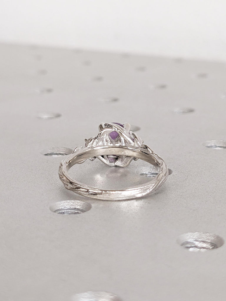 Round Alexandrite Ring, Nature Inspired Engagement Ring, Platinum Wedding Ring, Art Deco Leaf Ring, Unique Three Stone June Birthstone