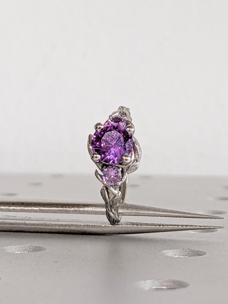 Round Alexandrite Ring, Nature Inspired Engagement Ring, Platinum Wedding Ring, Art Deco Leaf Ring, Unique Three Stone June Birthstone