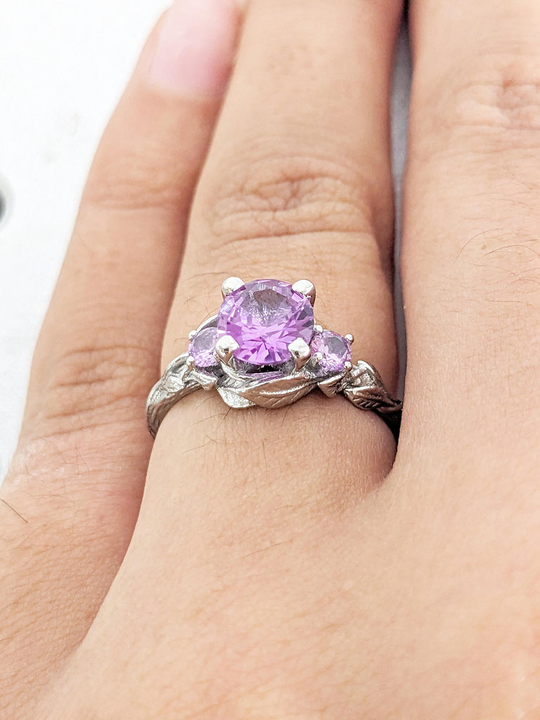 Round Alexandrite Ring, Nature Inspired Engagement Ring, Platinum Wedding Ring, Art Deco Leaf Ring, Unique Three Stone June Birthstone