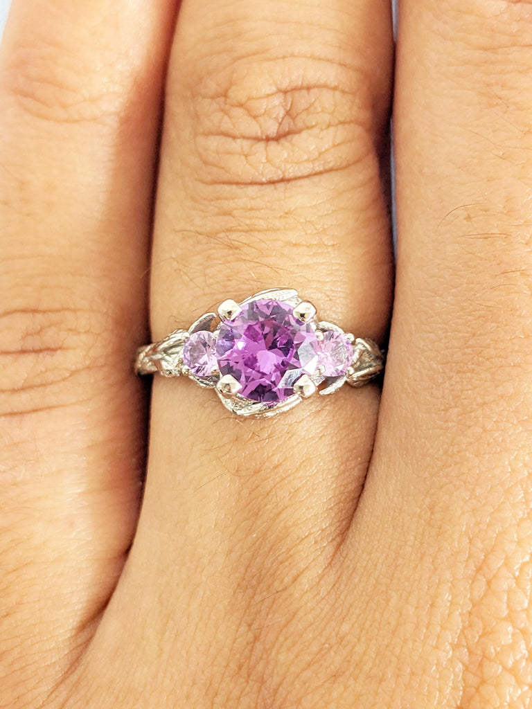 Round Alexandrite Ring, Nature Inspired Engagement Ring, Platinum Wedding Ring, Art Deco Leaf Ring, Unique Three Stone June Birthstone
