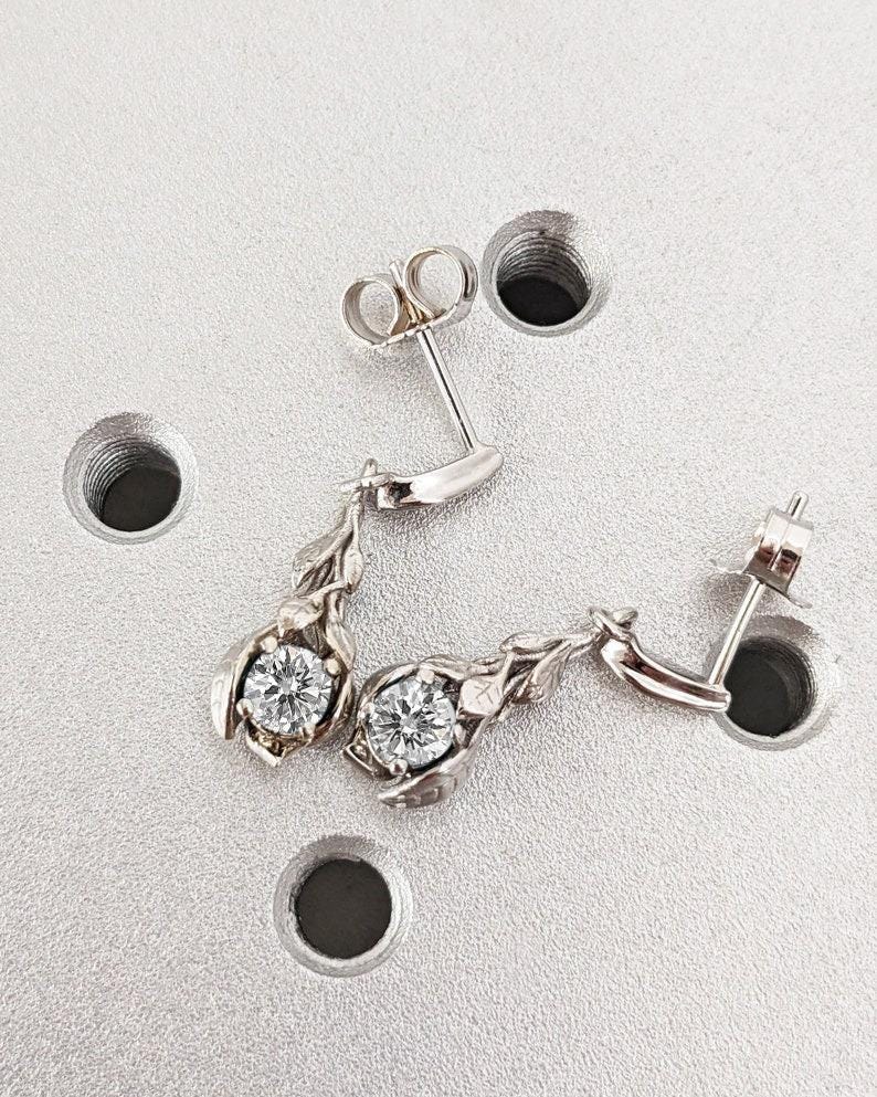 0.5ct Round cut Moissanite Earrings Pair | 14k 18k White Gold Dangle Earrings | Nature Inspired Earrings | Birthday Gift | Everyday Wear