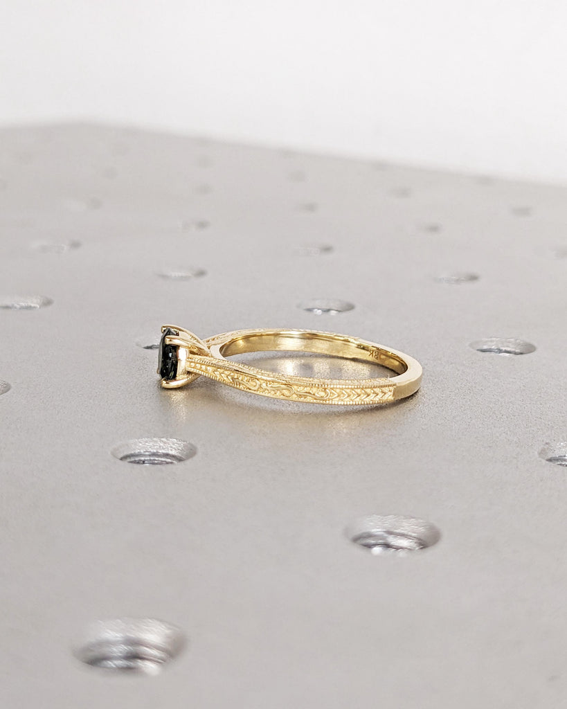 Antique Solid Gold Peacock Engagement Ring | Round Blue Green Teal Sapphire Promise Ring | Vintage Art Deco Filigree Ring | Anniversary Ring