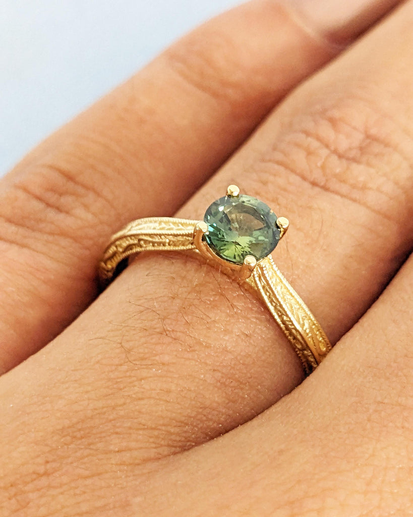 Round Cut Natural Teal Sapphire Ring, Peacock Blue Green Montana Sapphire Engagement Ring, Art Deco Filigree Solitaire Ring, 18K Solid Gold