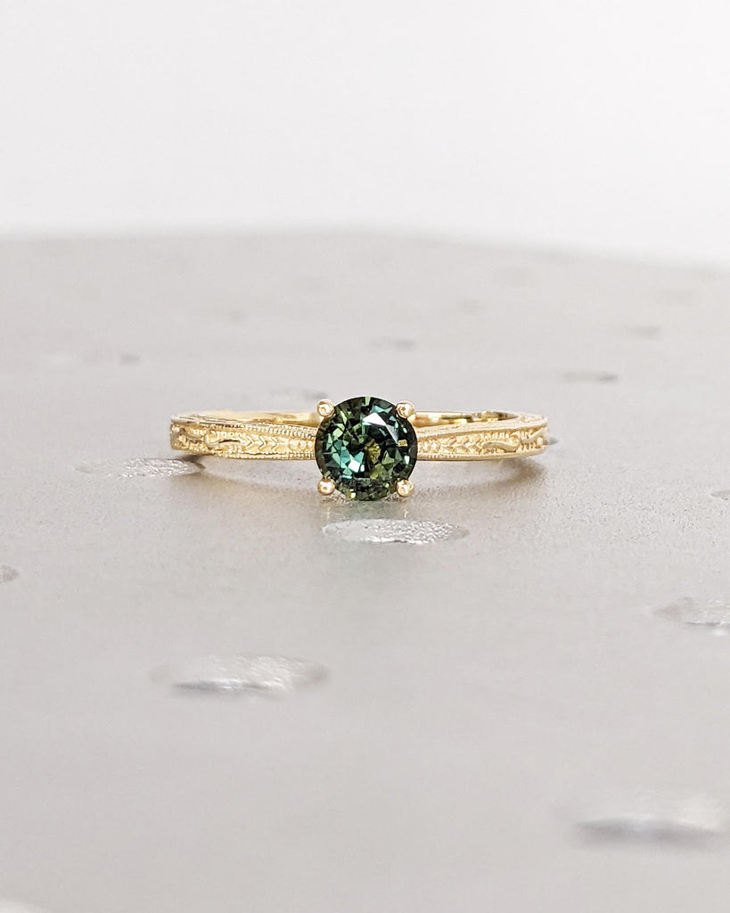 Round Cut Natural Teal Sapphire Ring, Peacock Blue Green Montana Sapphire Engagement Ring, Art Deco Filigree Solitaire Ring, 18K Solid Gold
