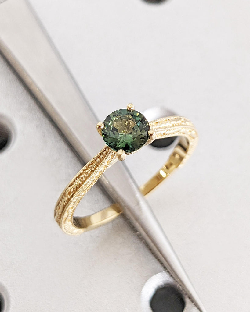 Round Cut Natural Teal Sapphire Ring, Peacock Blue Green Montana Sapphire Engagement Ring, Art Deco Filigree Solitaire Ring, 18K Solid Gold