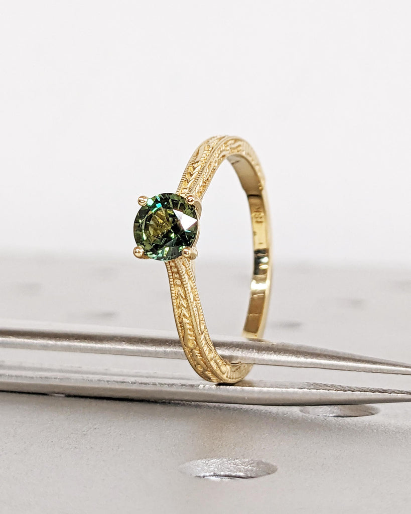 Antique Solid Gold Peacock Engagement Ring | Round Blue Green Teal Sapphire Promise Ring | Vintage Art Deco Filigree Ring | Anniversary Ring