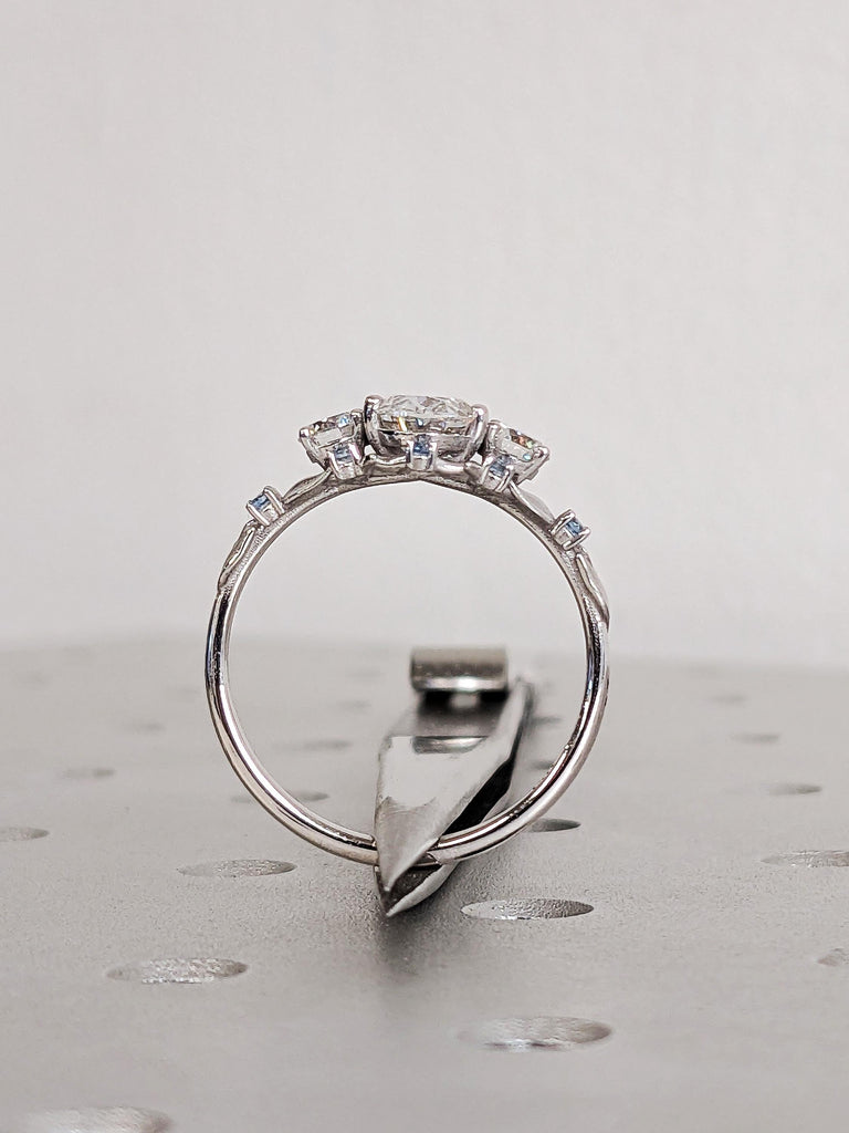 Vintage Lab Diamond 14K White Gold Leaf Nature Engagement Ring, Dainty Blue Aquamarine Women's Wedding Band, Oval Lab Diamond Promise Ring