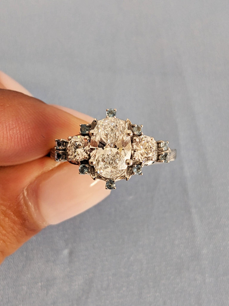 White Gold Lab Diamond Nature Inspired Engagement Ring, Round Cut Blue Aquamarine Stone, March Birthstone