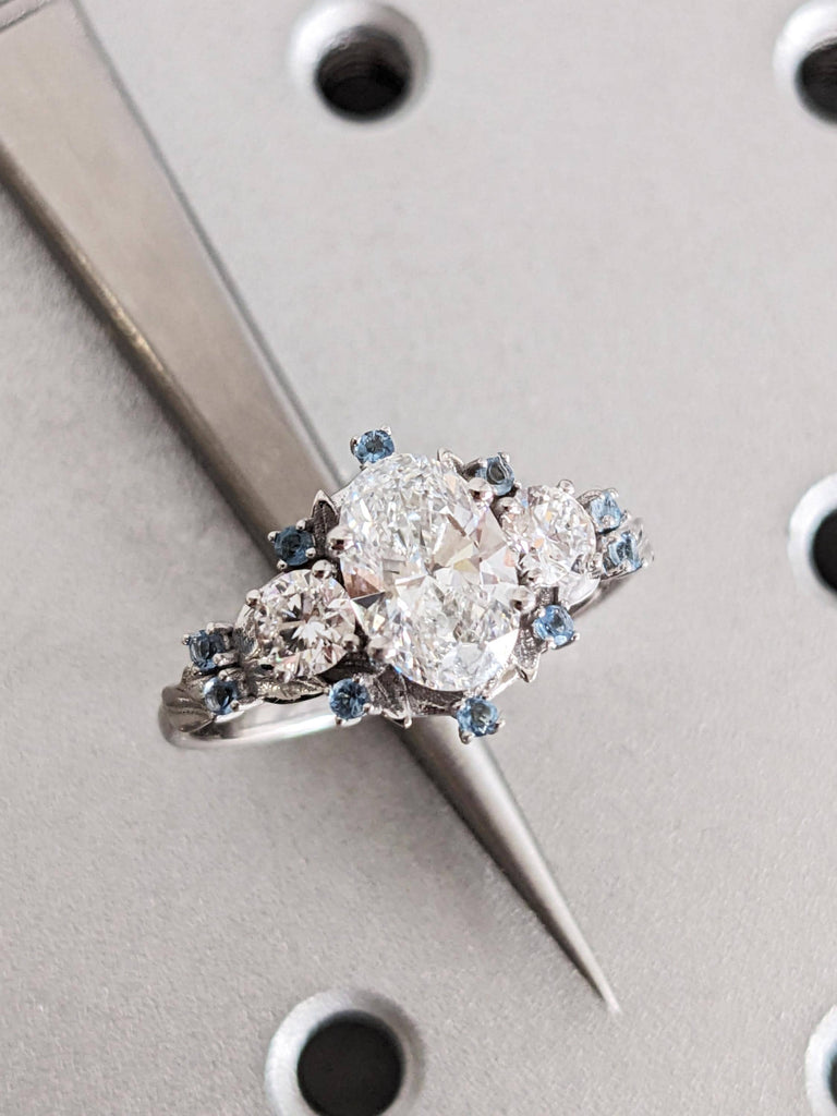 White Gold Lab Diamond Nature Inspired Engagement Ring, Round Cut Blue Aquamarine Stone, March Birthstone