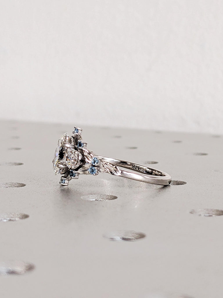Vintage Moissanite 14K White Gold Leaf Nature Engagement Ring, Dainty Blue Aquamarine Women's Wedding Band, Oval Cut Moissanite Promise Ring