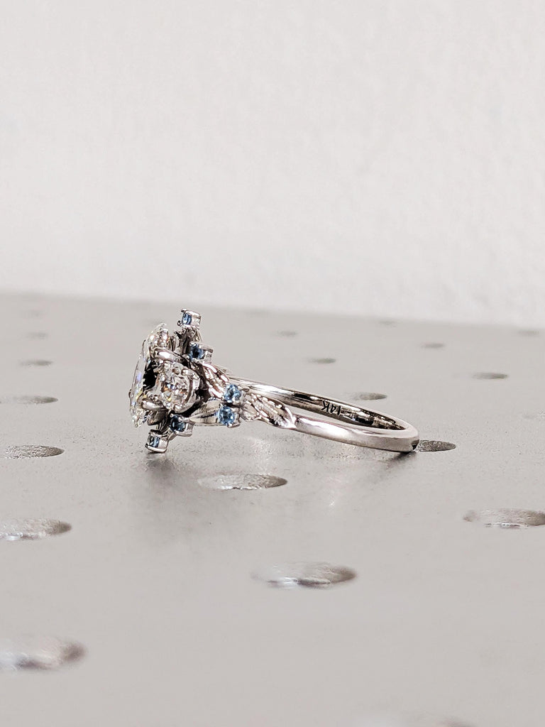 White Gold Moissanite and Diamond Nature Inspired Wedding Ring, Blue Aquamarine Engagement, March Birthstone