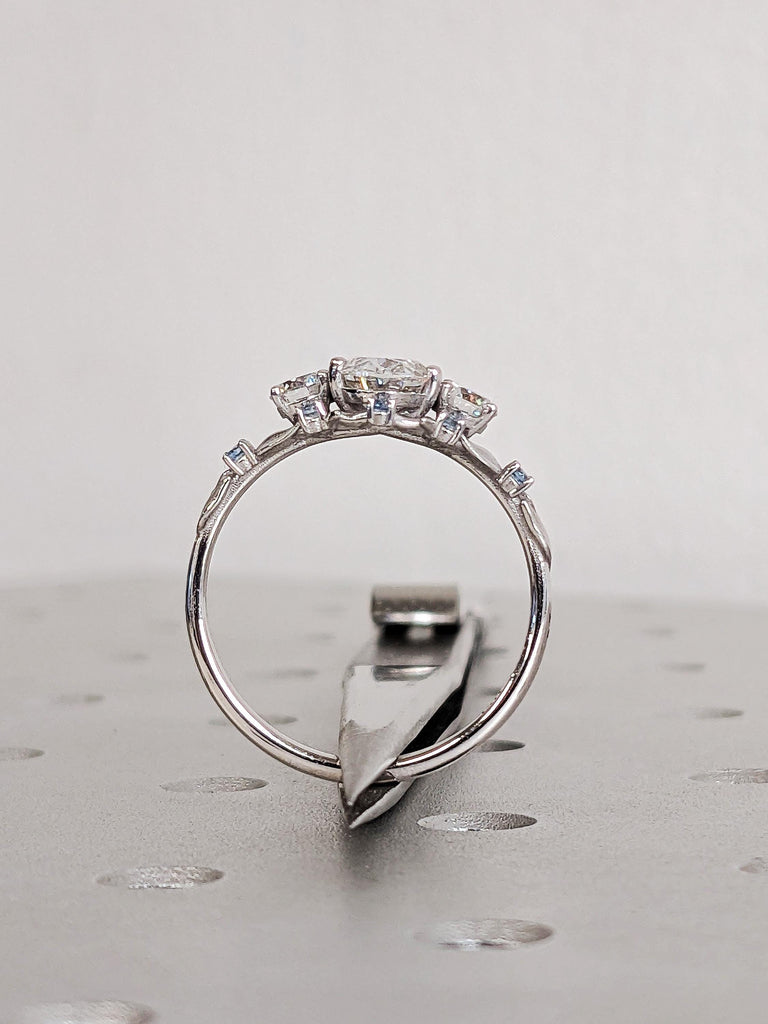 White Gold Moissanite and Diamond Nature Inspired Wedding Ring, Blue Aquamarine Engagement, March Birthstone