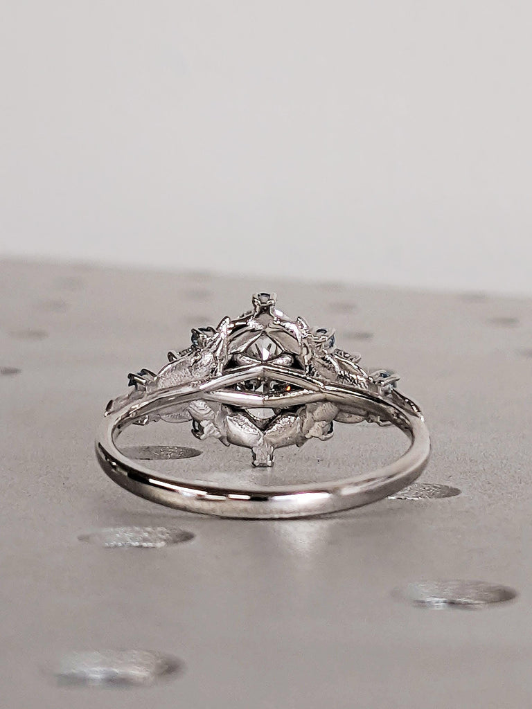 White Gold Moissanite and Diamond Nature Inspired Wedding Ring, Blue Aquamarine Engagement, March Birthstone