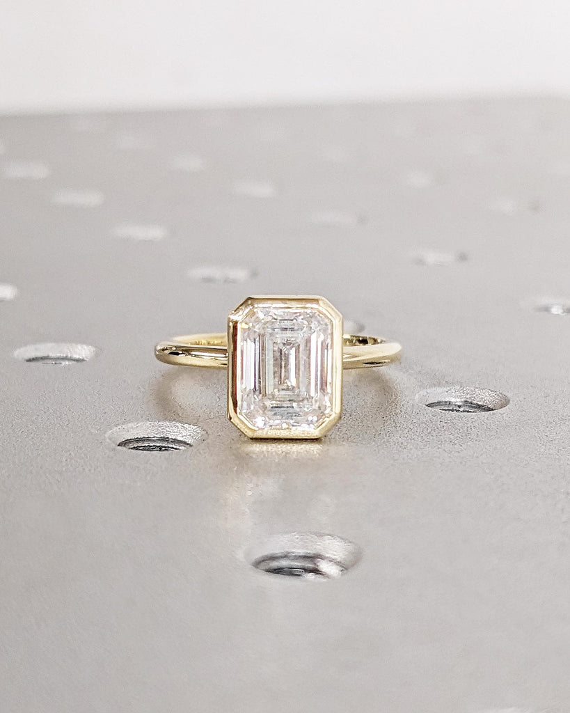 Vintage Emerald Cut Moissanite Solitaire Ring | 14K Yellow Gold Engagement Ring | Bezel Setting Statement Ring | Anniversary Ring For Women
