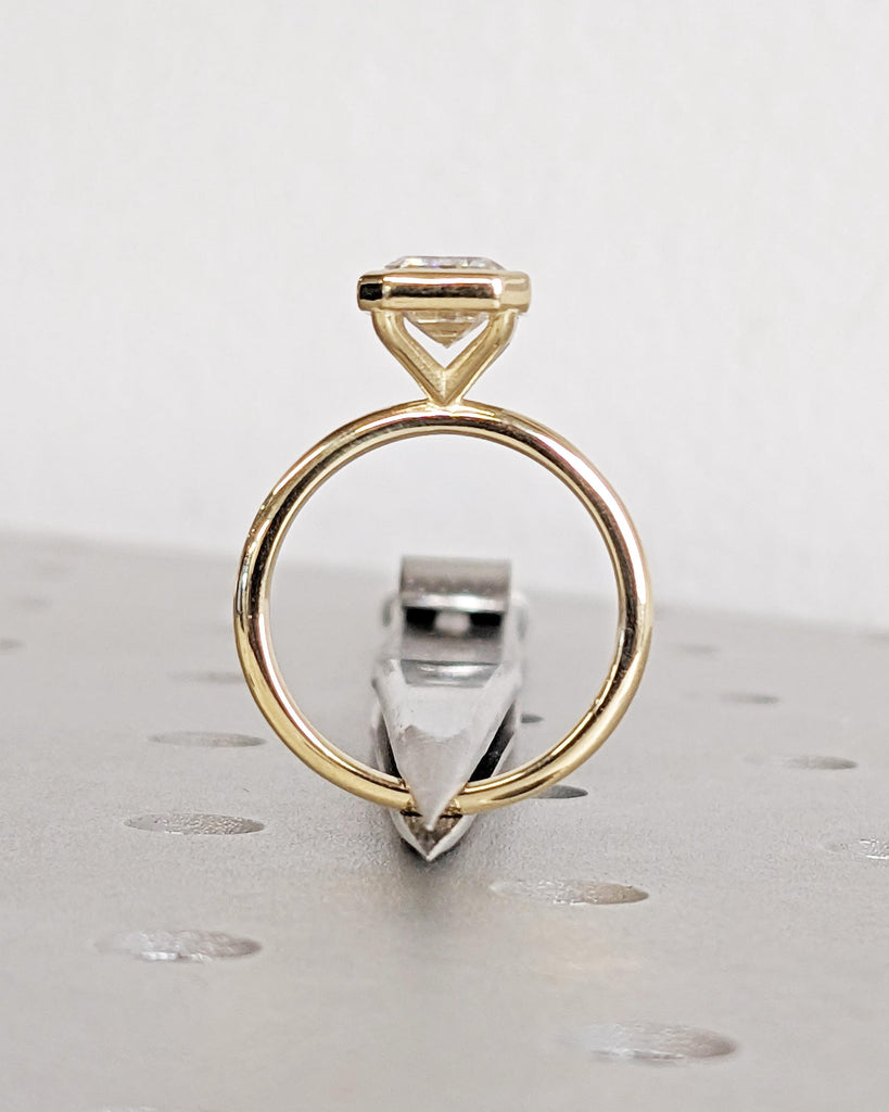 Emerald Cut Moissanite Engagement Ring: Solitaire Bezel Setting Statement Wedding Ring in Solid 14K Yellow Gold