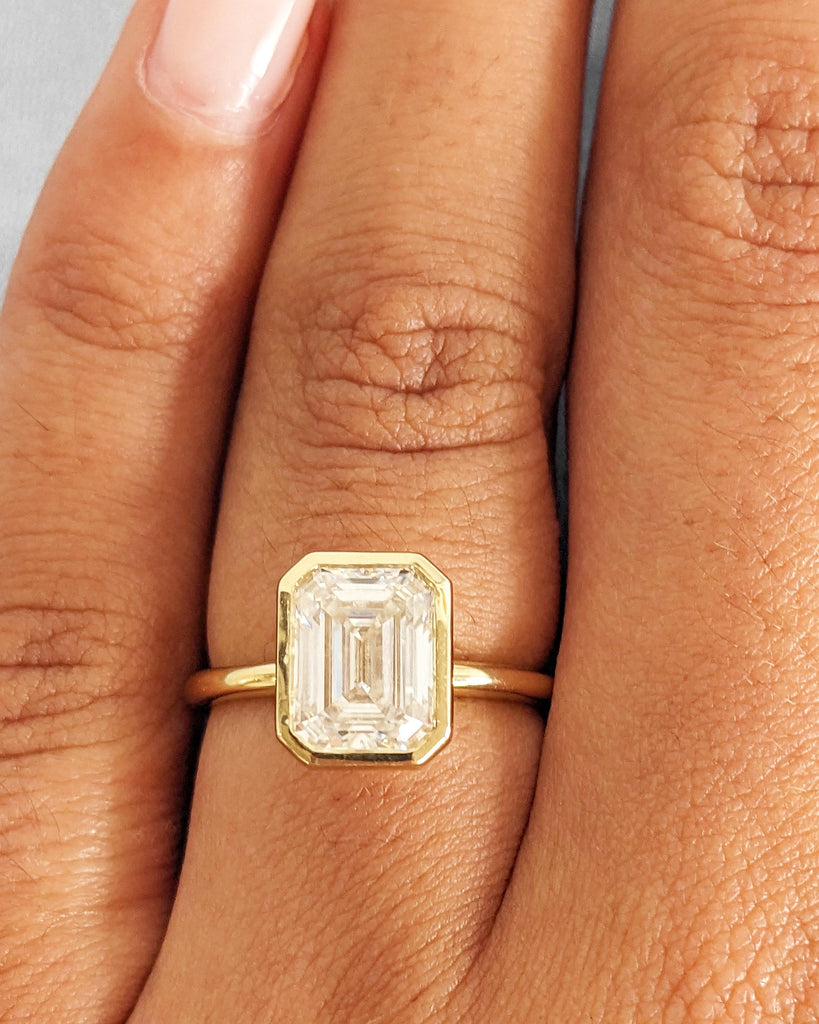Emerald Cut Moissanite Engagement Ring: Solitaire Bezel Setting Statement Wedding Ring in Solid 14K Yellow Gold