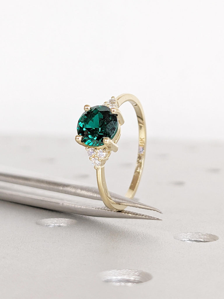 Lab Grown Green Sapphire Ring, Diamond Cluster 14k Solid Gold Engagement Ring