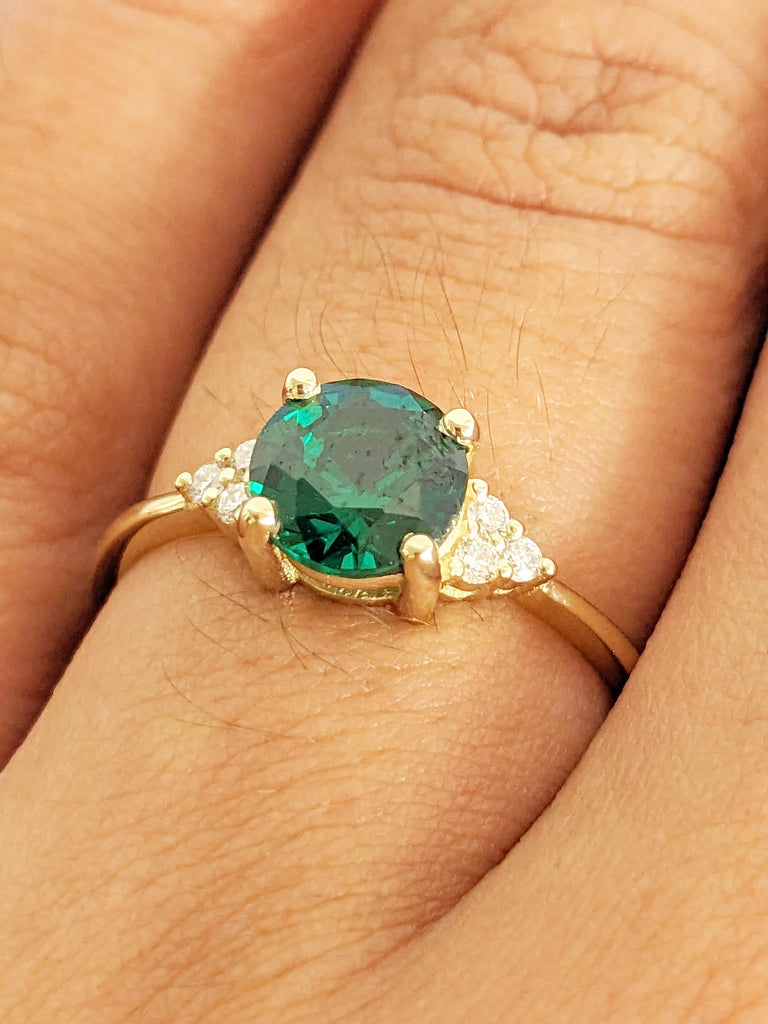 Lab Grown Green Sapphire Ring, Diamond Cluster 14k Solid Gold Engagement Ring